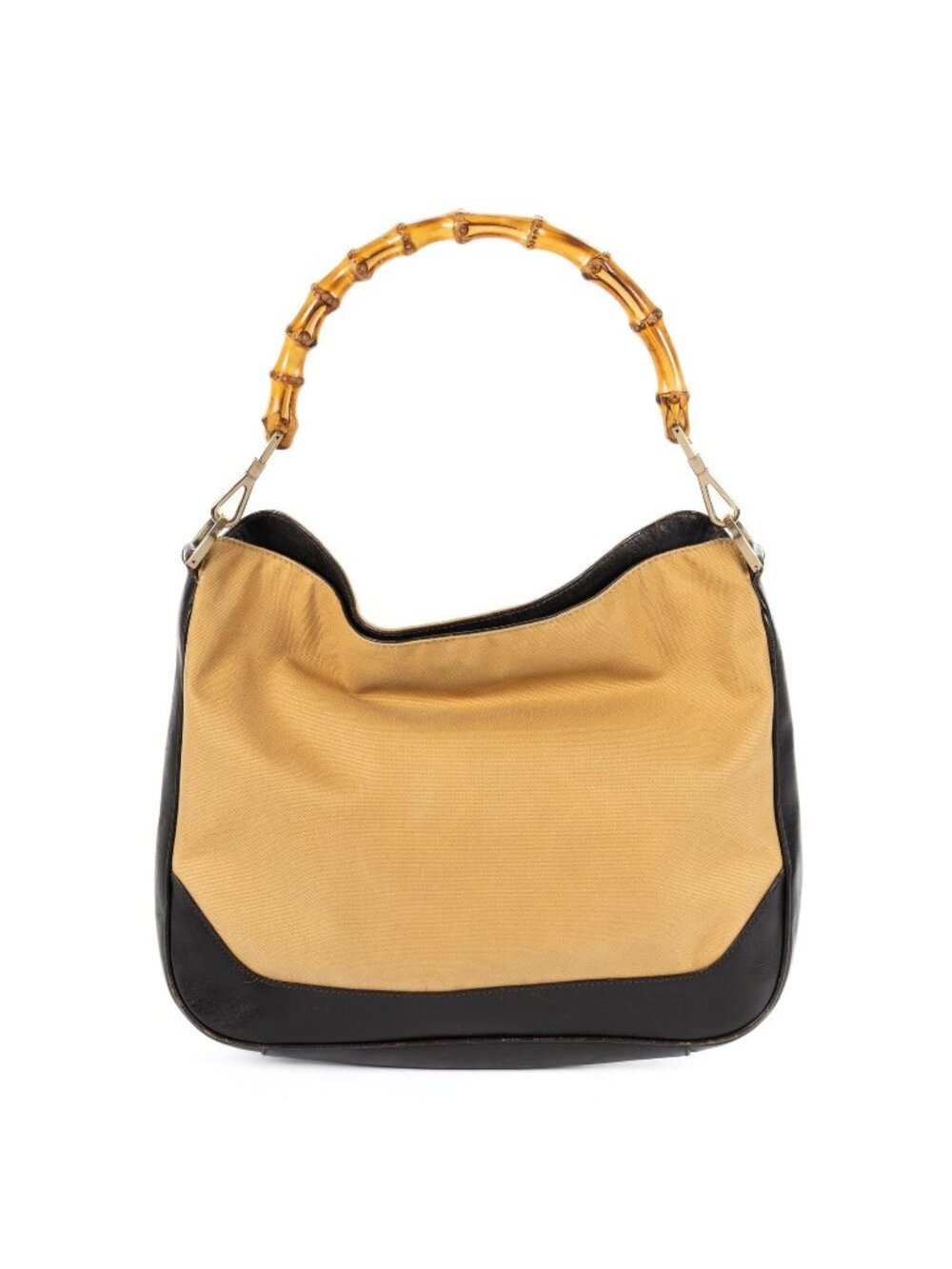 Gucci Bamboo Top Handle Black Beige Canvas Handbag